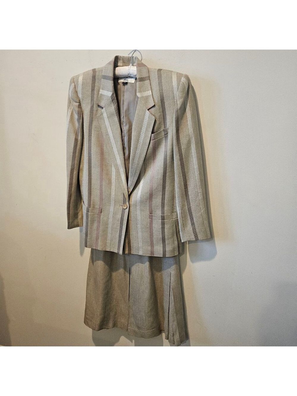 Women's Kasper for A.S.L.Vintage 80s Beige Striped Jacket Skirt Suit Set Size 8